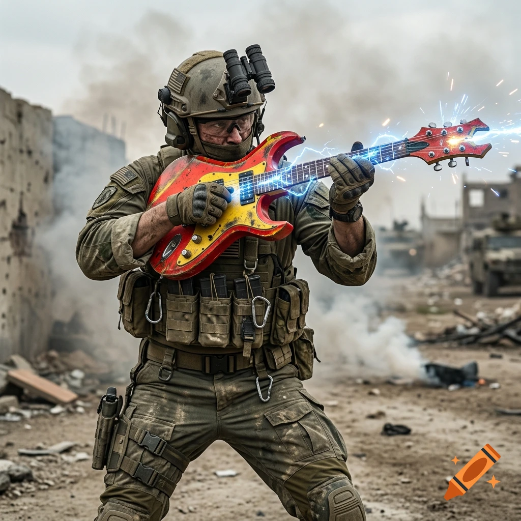 Photorealistic image of a soldier in combat gear aiming a glowing red electric guitar like a rifle in a warzone.