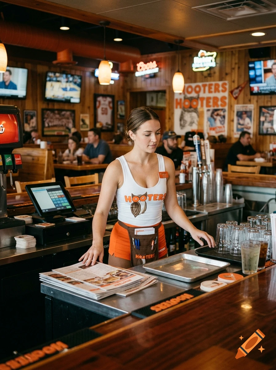 Photorealistic interior of a restaurant with a smiling waitress standing behind a bar counter.