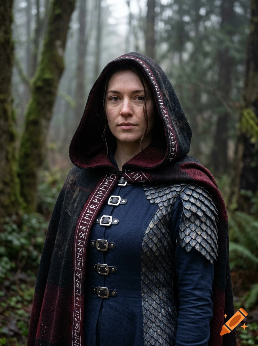 Photorealistic portrait of a female fantasy hunter in a forest, wearing a hooded cloak with rune patterns and scale armor.
