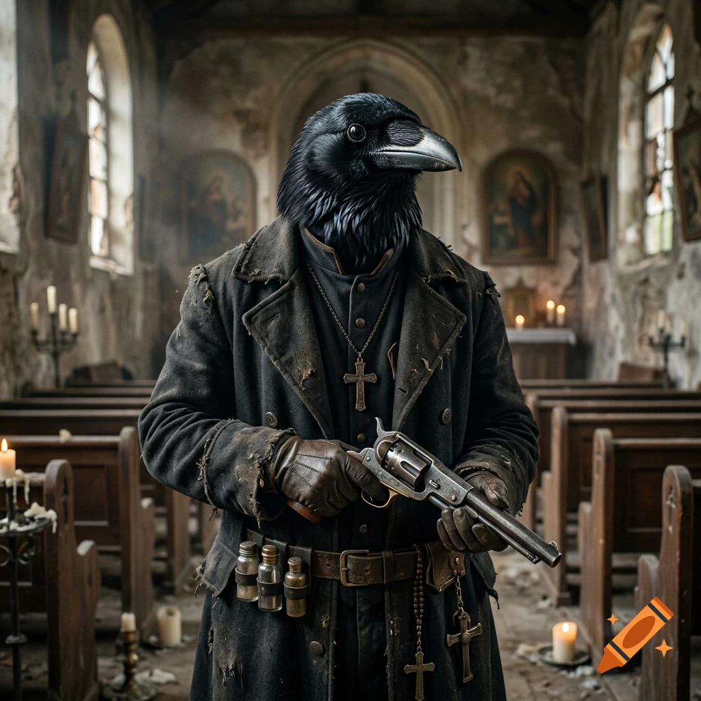 An anthropomorphic figure with a crow's head wearing a priest's cassock and a worn coat holds a revolver inside a dilapidated church.