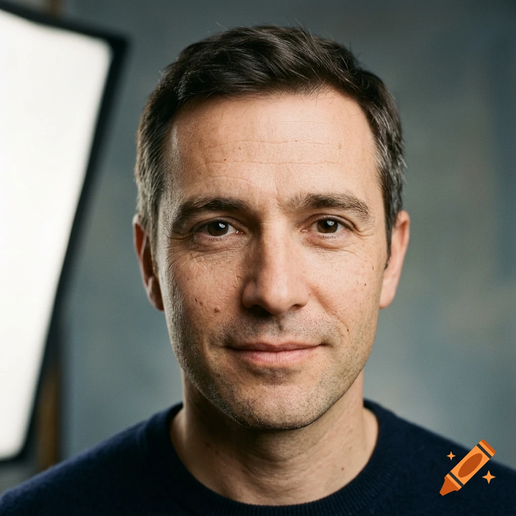 Close-up photorealistic portrait of a middle-aged man with dark hair and stubble, looking at the camera against a grey studio backdrop.