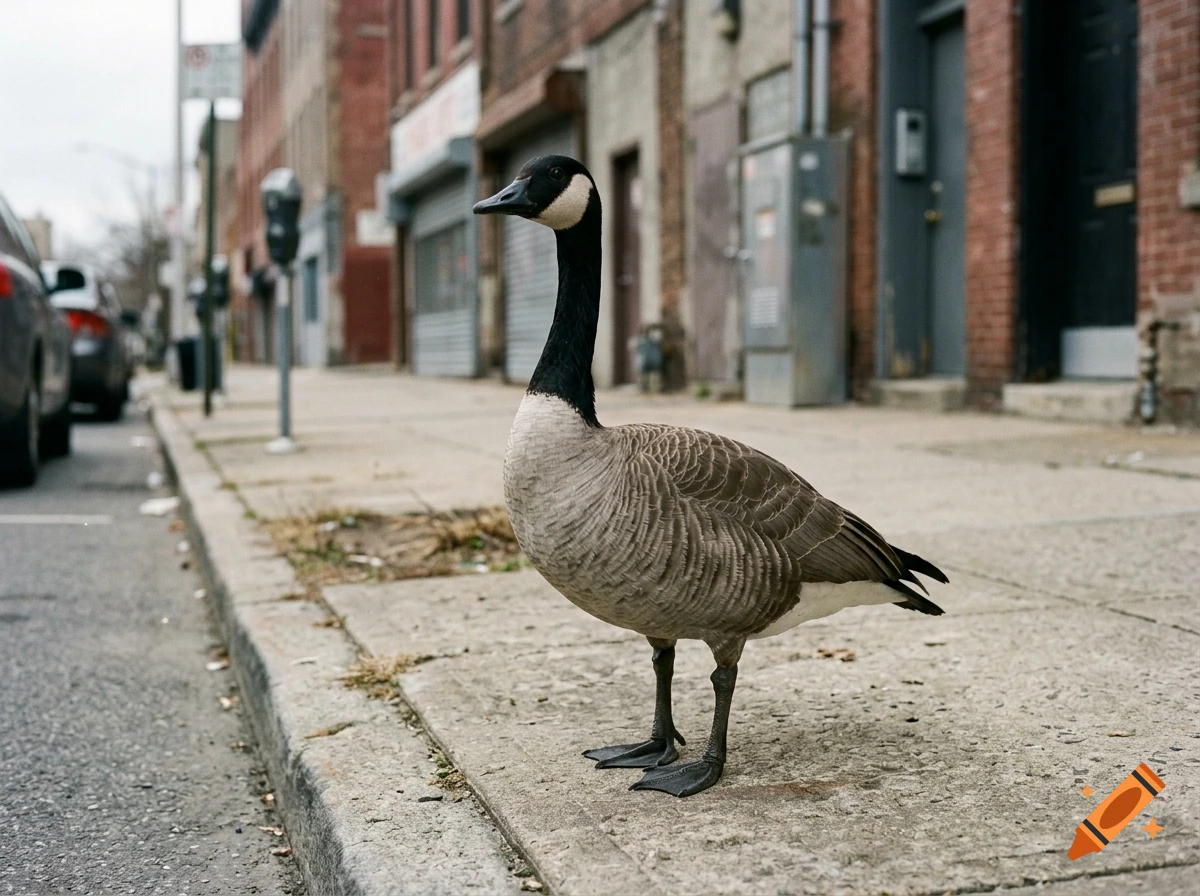 A Canada goose standing on a city sidewalk next to a street.