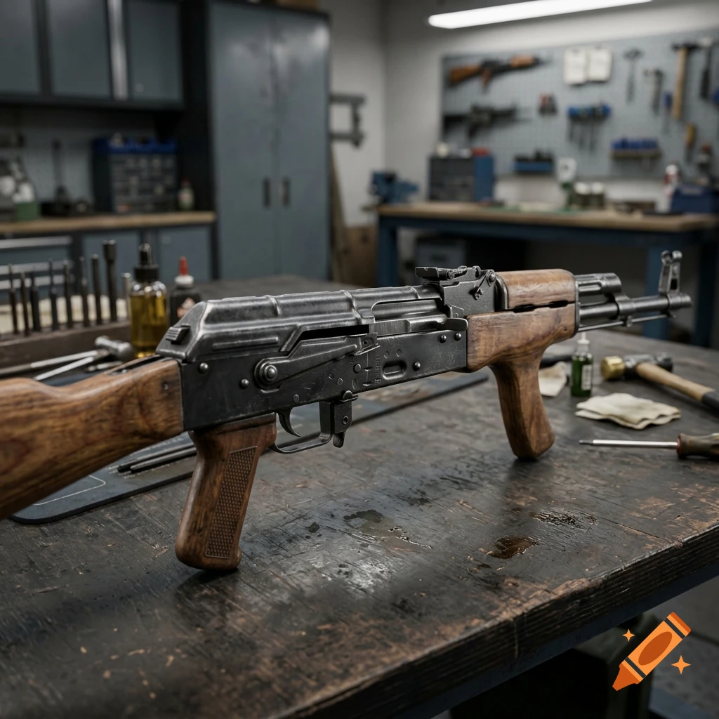 An assault rifle with wooden furniture rests on a worn workbench inside a workshop.