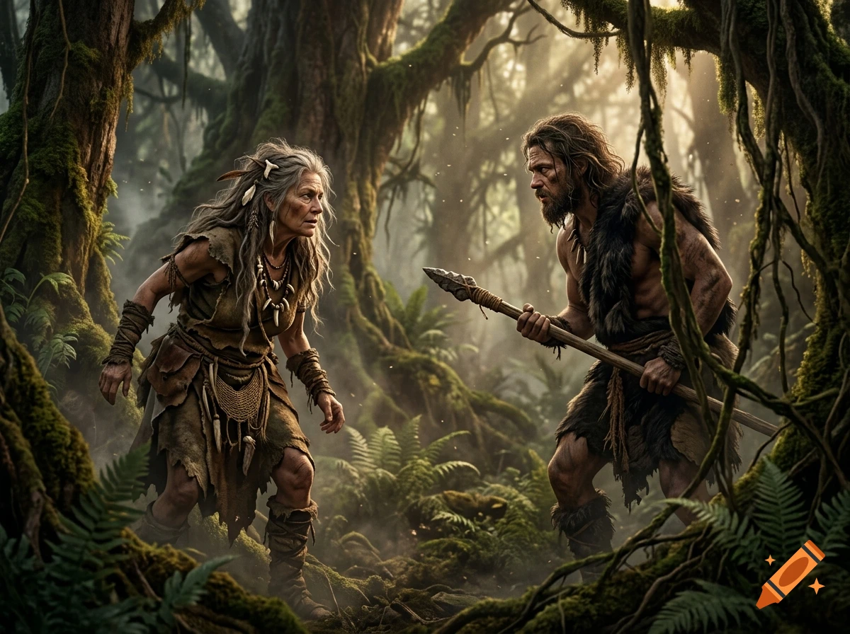 A photorealistic depiction of a primitive man holding a wooden spear meeting a wild woman in a lush prehistoric jungle.