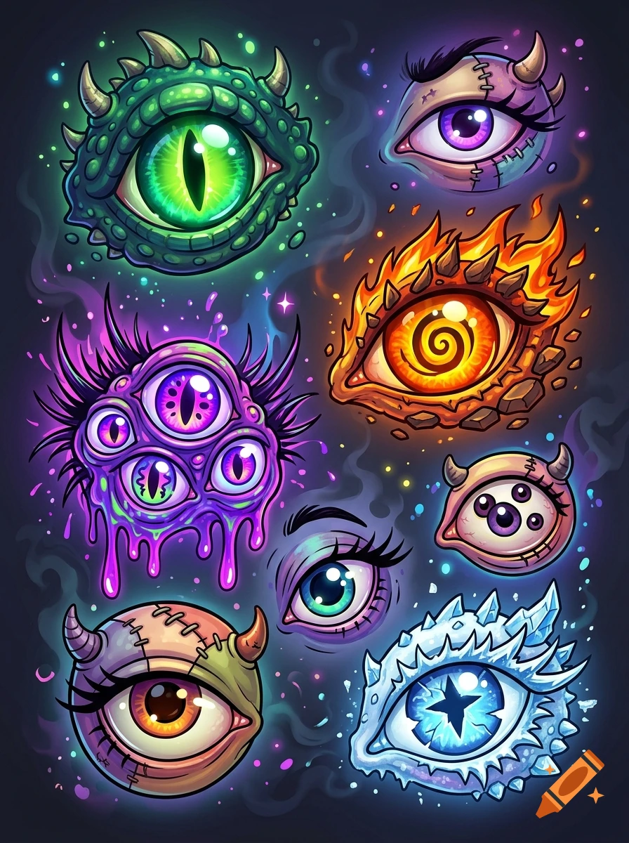 Digital cartoon illustration of various colorful monster eyes including green, purple, fiery, and iced designs on a dark background.