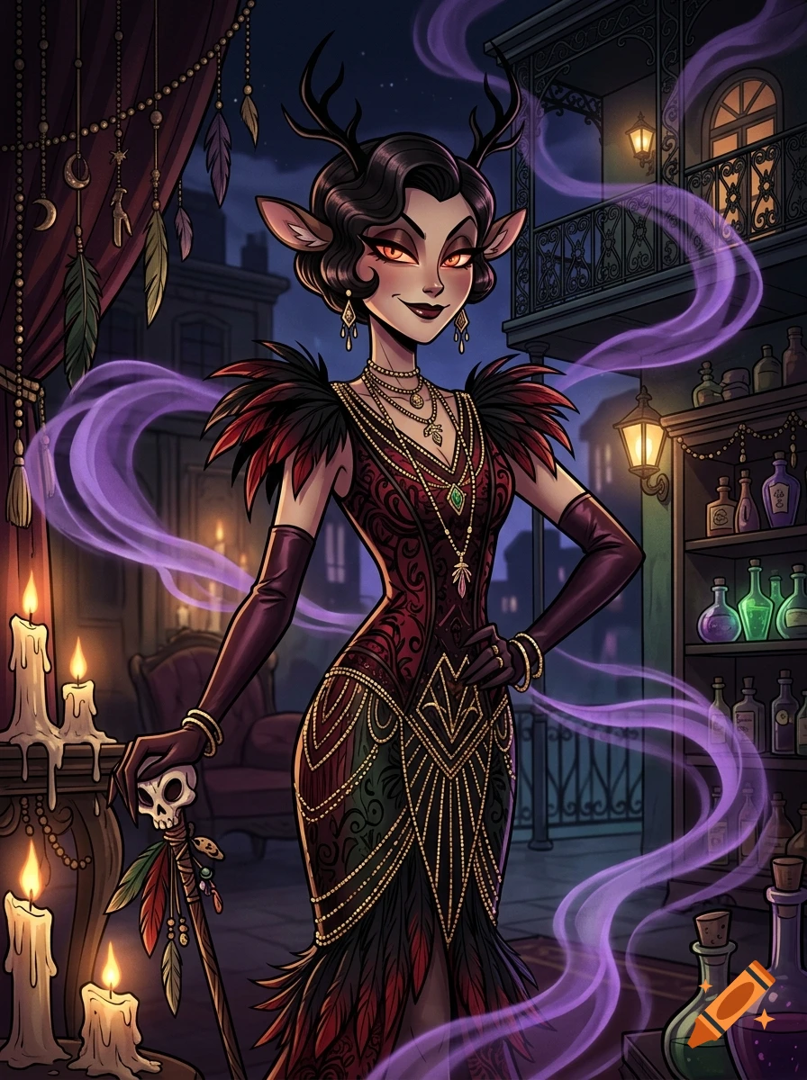 An elegant female voodoo witch with deer horns and retro 1920s style dress, standing in a magical New Orleans room with glowing potions.