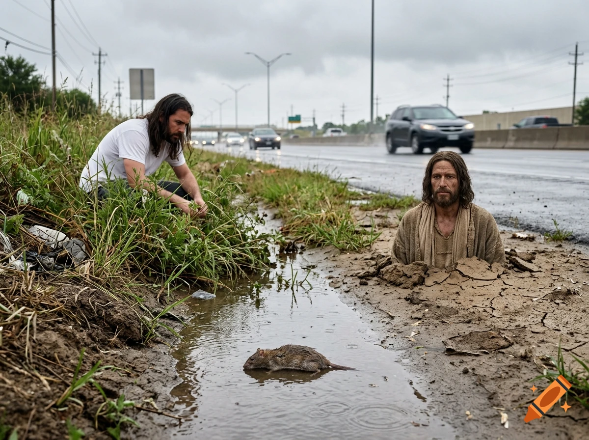 Photorealistic scene of a man kneeling by a muddy ditch with a dead rat, and a figure of Jesus emerging from the ground.