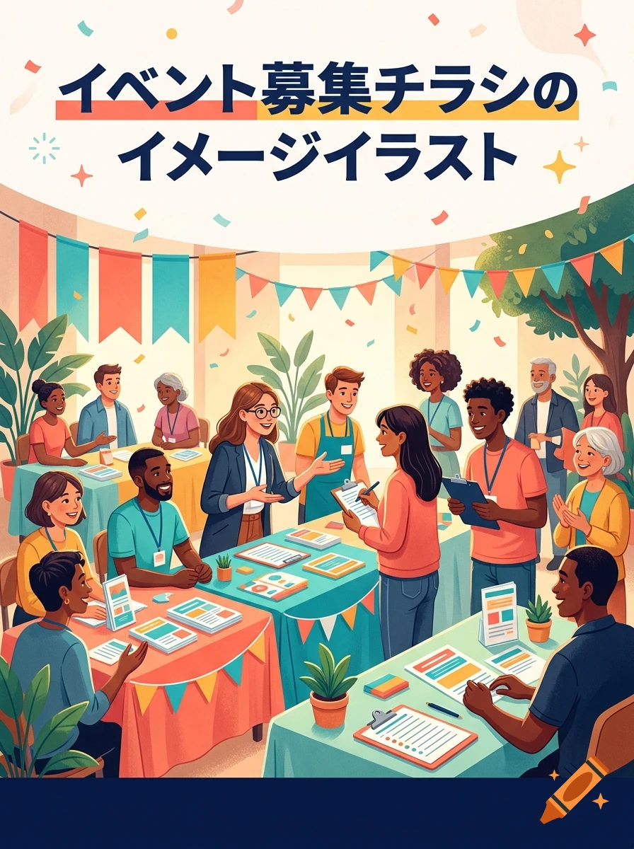 An illustrated scene of diverse people interacting at an event booth with colorful banners and confetti, featuring Japanese text at the top.