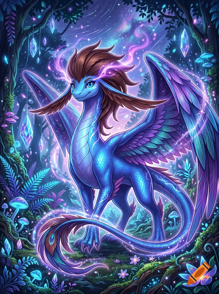 A magical blue dragon with glowing purple wings and brown hair stands in an enchanted forest surrounded by glowing crystals and mushrooms.