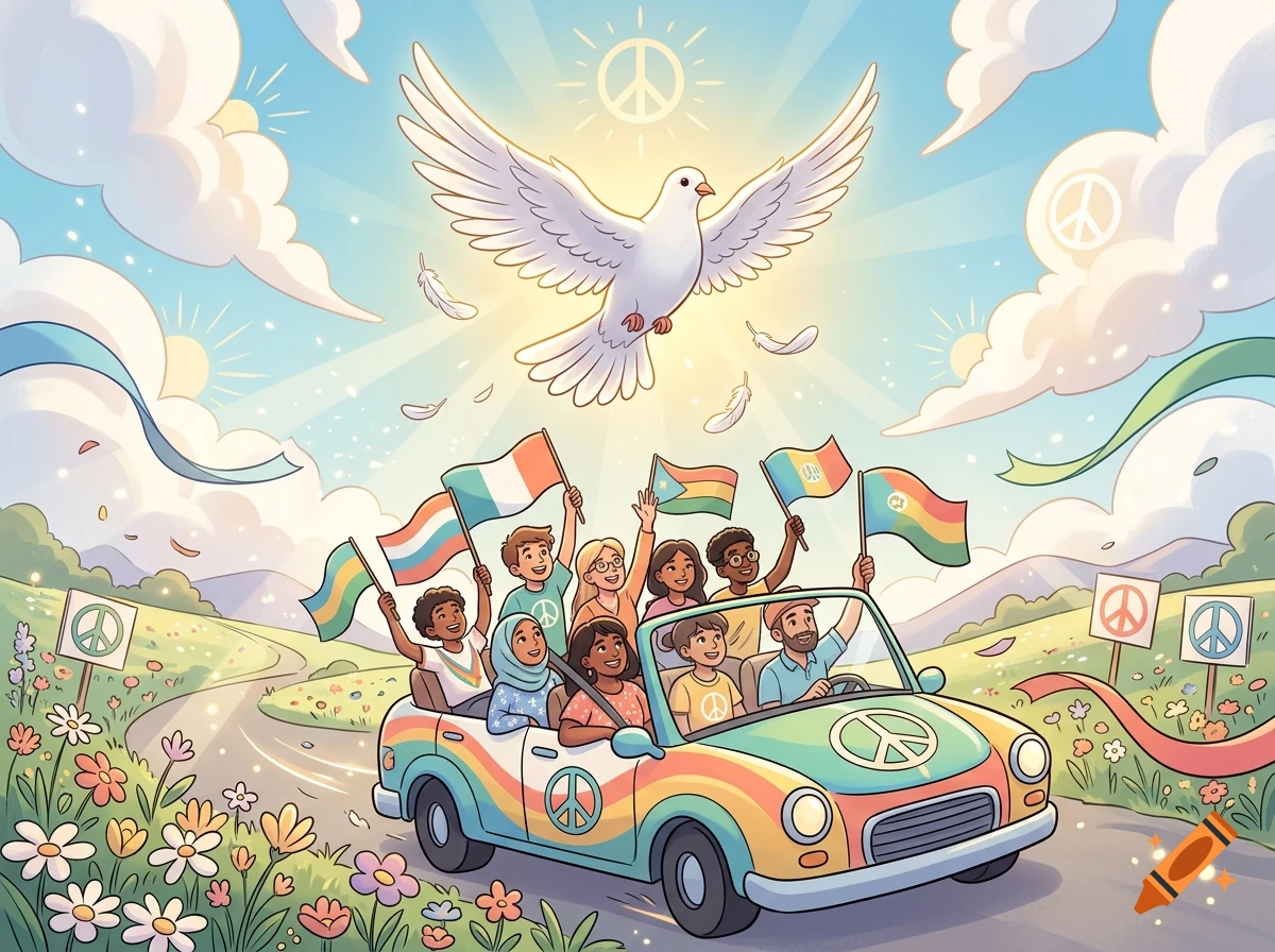 Colorful cartoon illustration of diverse people smiling and holding flags in a convertible car beneath a large white dove and sunny sky.
