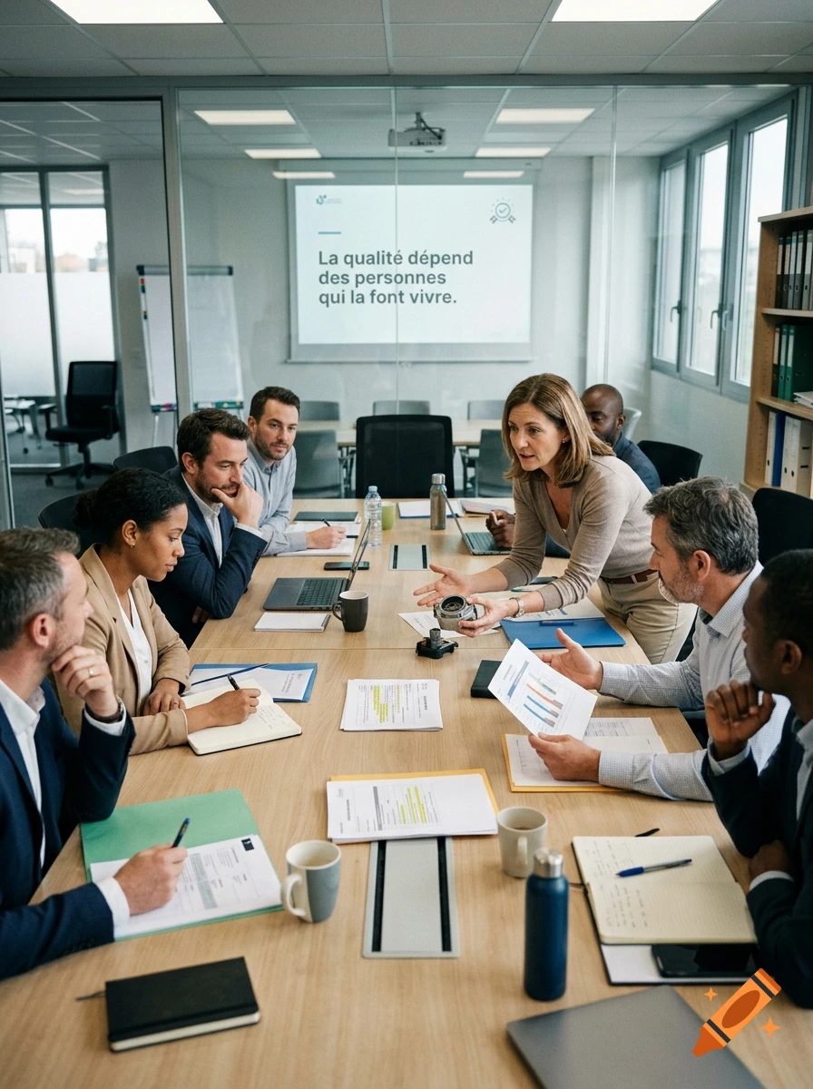 A diverse group of professionals in a modern boardroom collaborating around a conference table during a presentation.