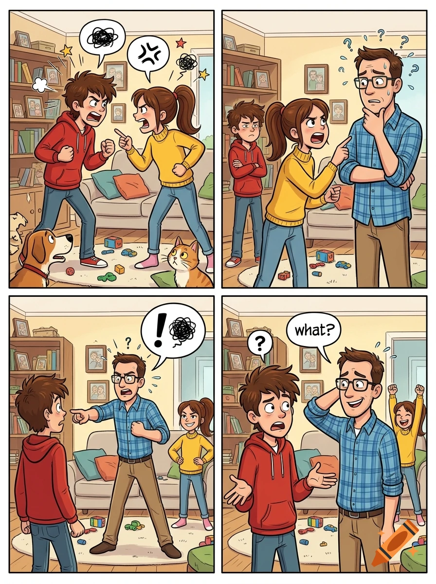 Four-panel comic strip showing two siblings arguing, a confused father, and a final panel where the father sides with one child.