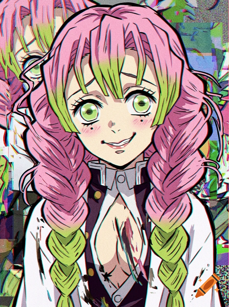 Distorted anime portrait of Mitsuri Kanroji from Demon Slayer with glitchy aesthetic and pink-green hair.