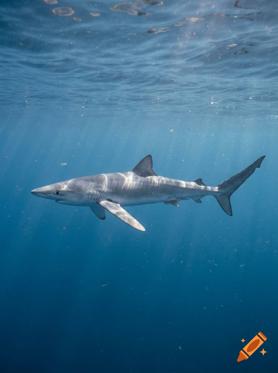 Photorealistic underwater shot of a blue shark swimming in deep blue water with sunlight filtering down from the surface.
