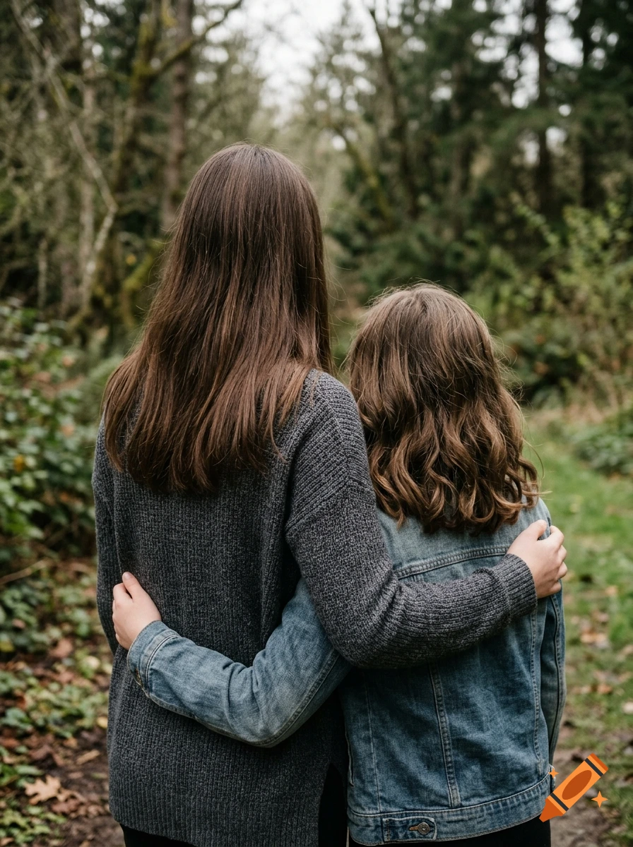Two people viewed from behind standing with their arms around each other in a wooded area.