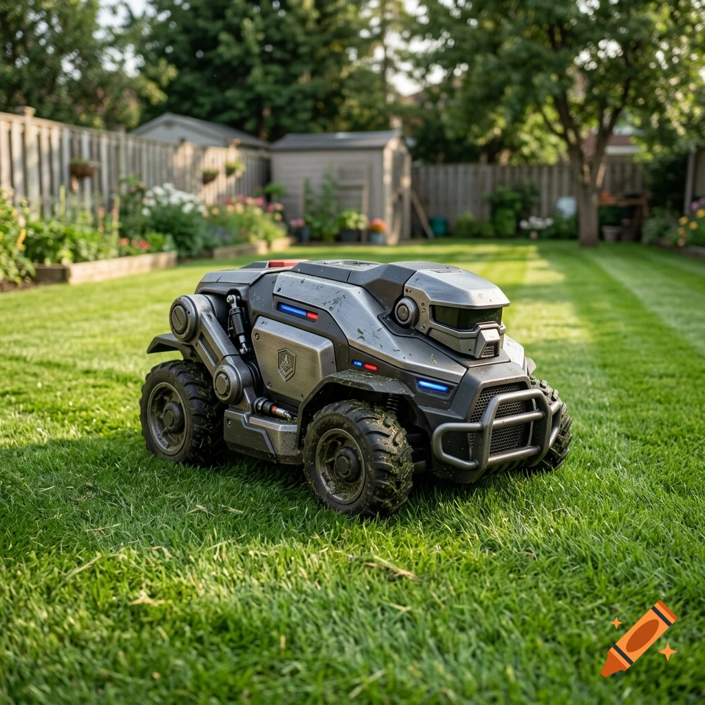 A futuristic robotic vehicle sits on a neatly mown lawn in a residential backyard.