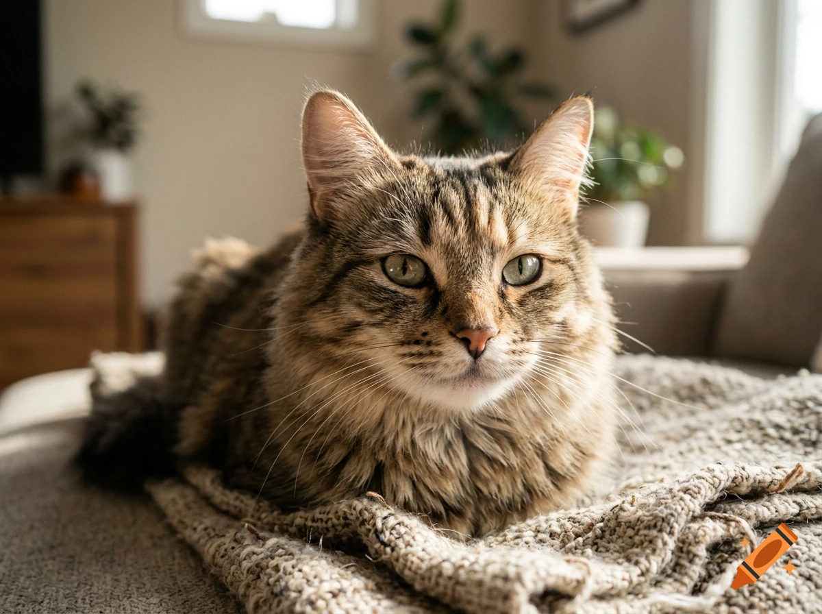 Photorealistic image of a brown tabby cat lying on a knitted blanket indoors.