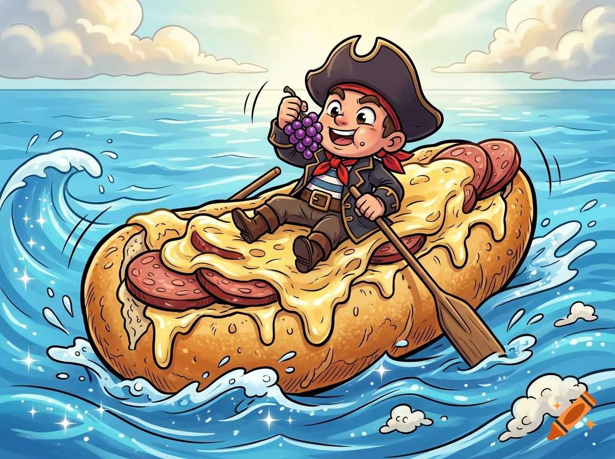Comic style illustration of a small pirate in a pirate hat rowing a boat made of a large sub sandwich with cheese, sausage, and eating grapes, on the sea.