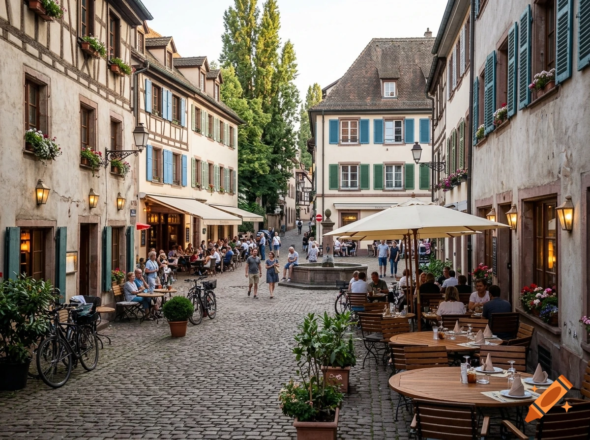 Photorealistic village square with cobblestone streets, half-timbered houses, outdoor restaurant seating, and a central fountain.