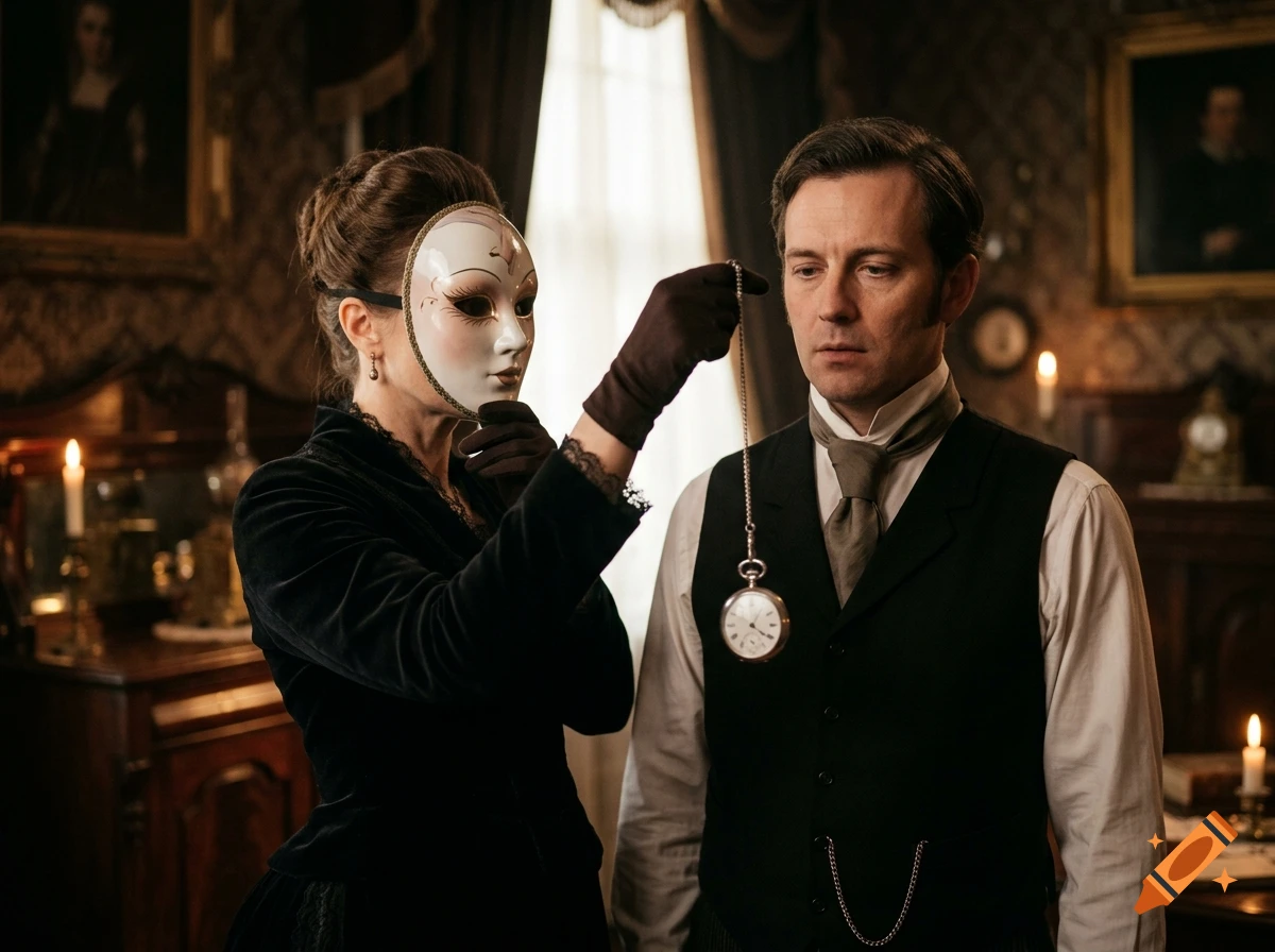A Victorian-era woman in a black velvet dress and white mask holding a pocket watch on a chain to hypnotize a man.
