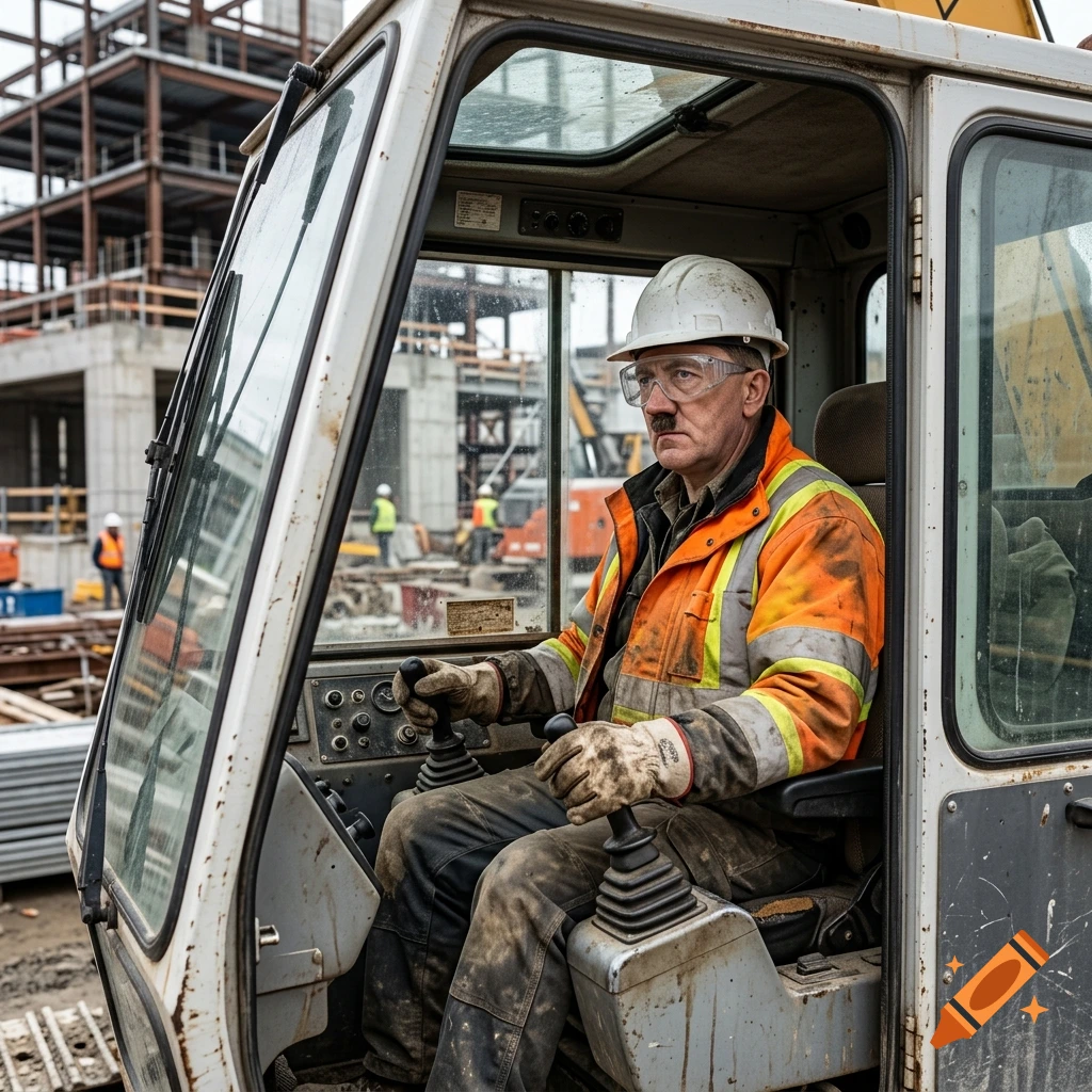 Photorealistic image of a man in a hard hat and high-vis jacket operating a crane at a construction site.
