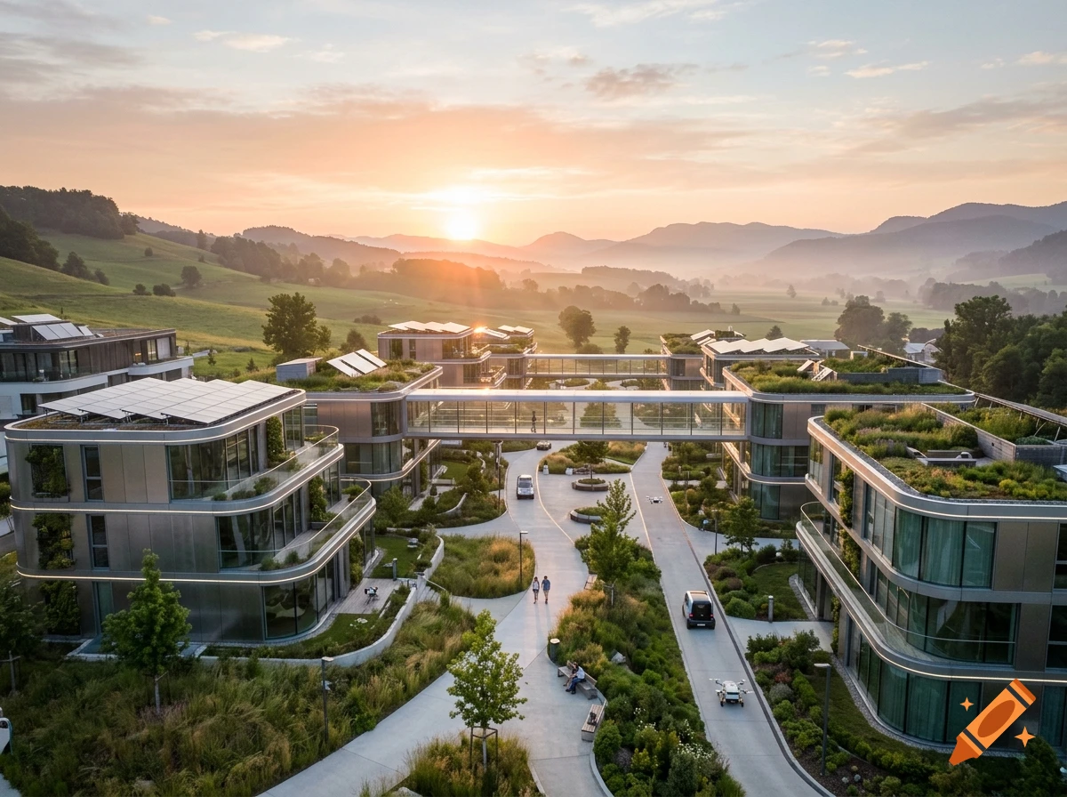 Aerial view of a futuristic village with modern buildings, green roofs, and glass skybridges at sunrise.