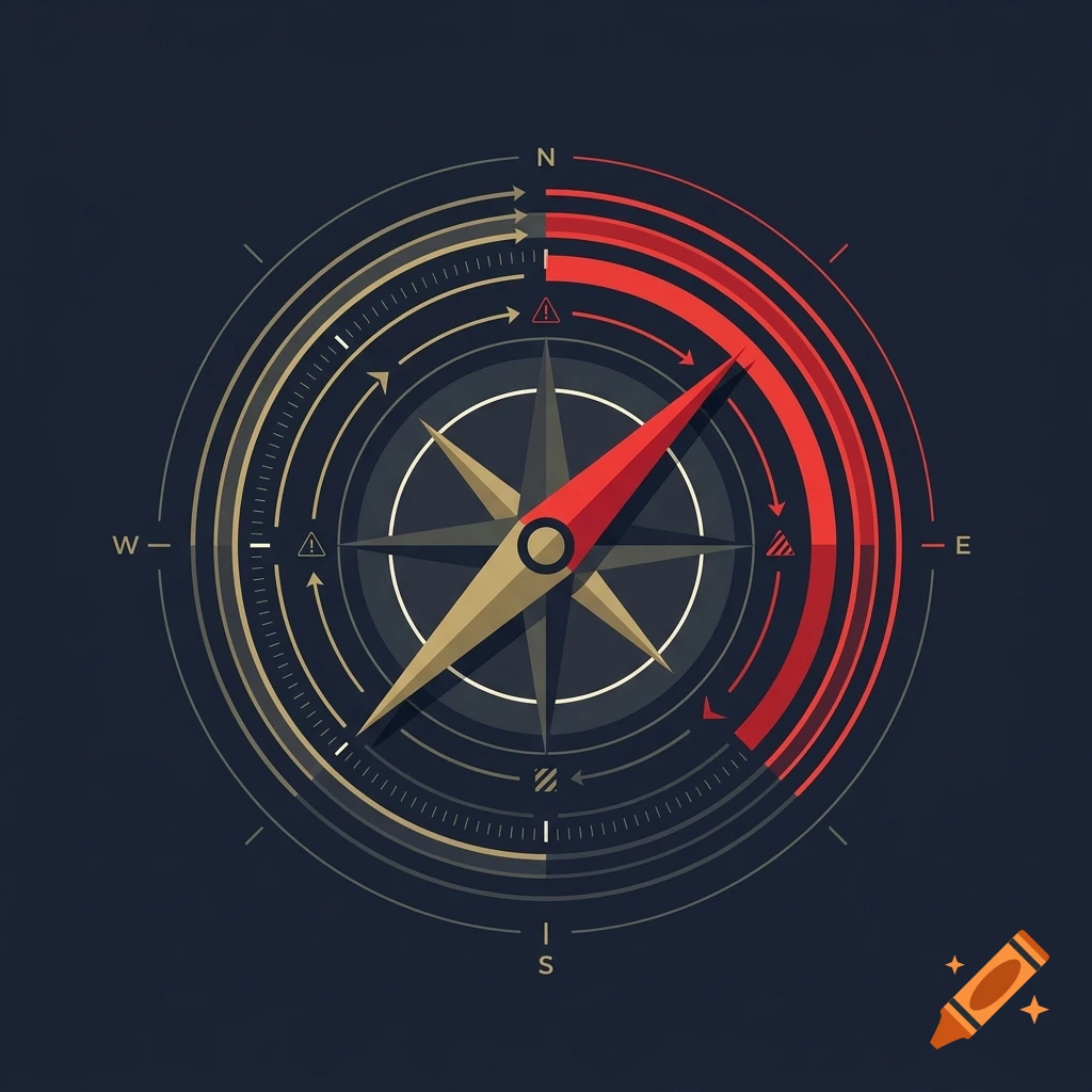 Minimalist digital illustration of a compass on a dark background with cardinal direction letters N, E, S, W.