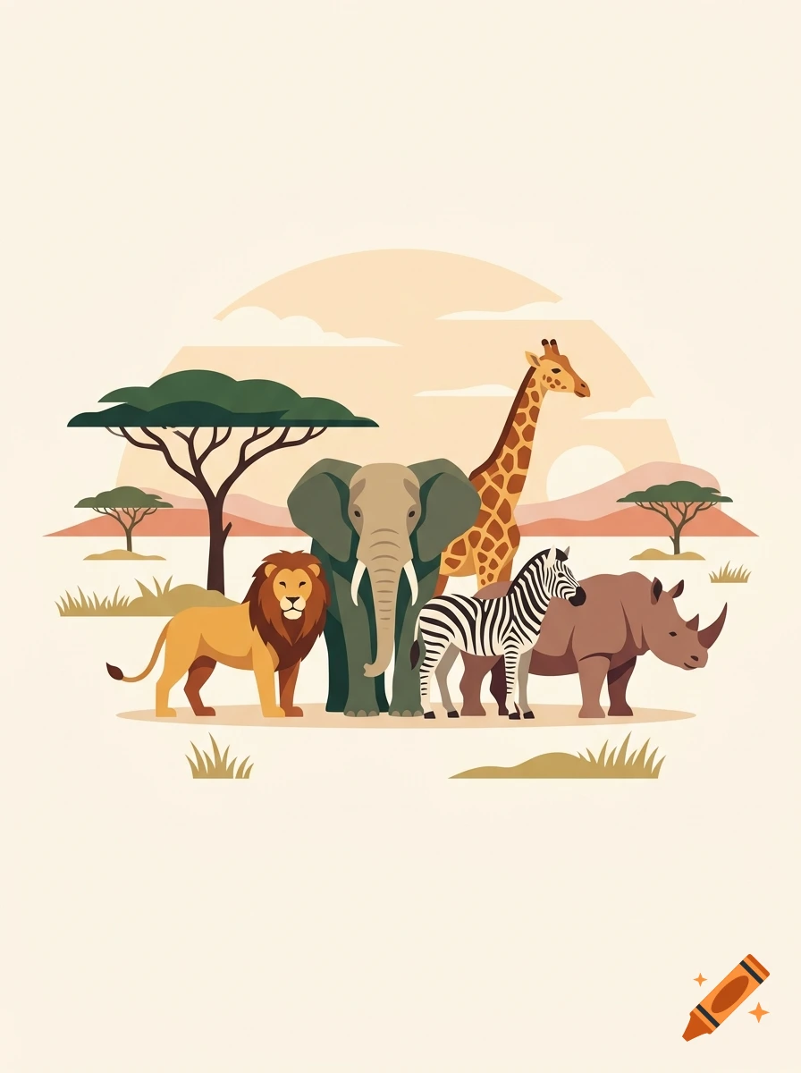 Vector illustration of African savanna animals including a lion, elephant, zebra, rhinoceros, and giraffe against a sunset backdrop.