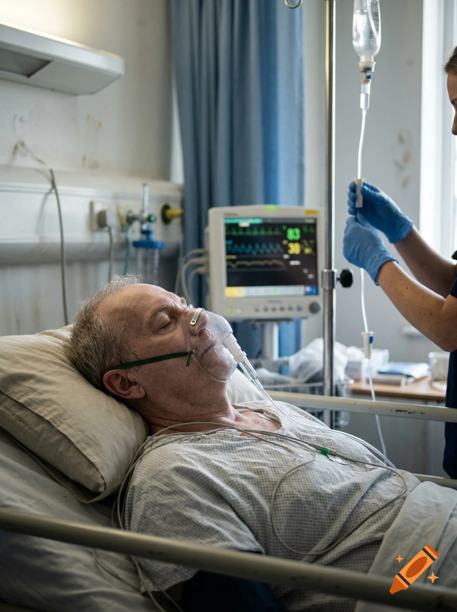 Photorealistic image of an elderly man lying in a hospital bed with an oxygen mask, hooked up to medical monitors and IV drips.
