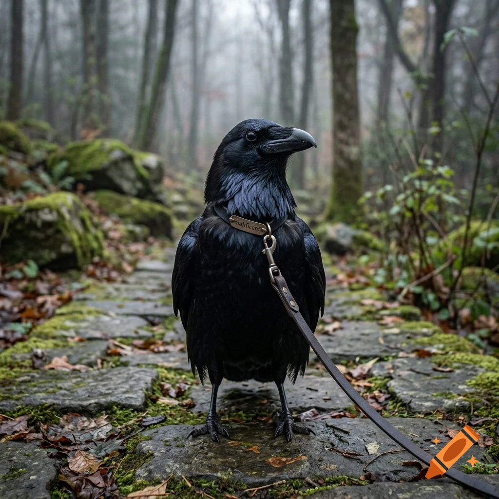 Photorealistic raven standing on a mossy stone path in a misty forest, wearing a collar and leash with the text 'malificent'.