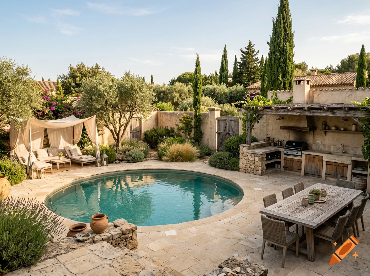 A rustic Mediterranean courtyard featuring a round swimming pool, an outdoor dining area, a built-in stone kitchen, and loungers under a canopy.