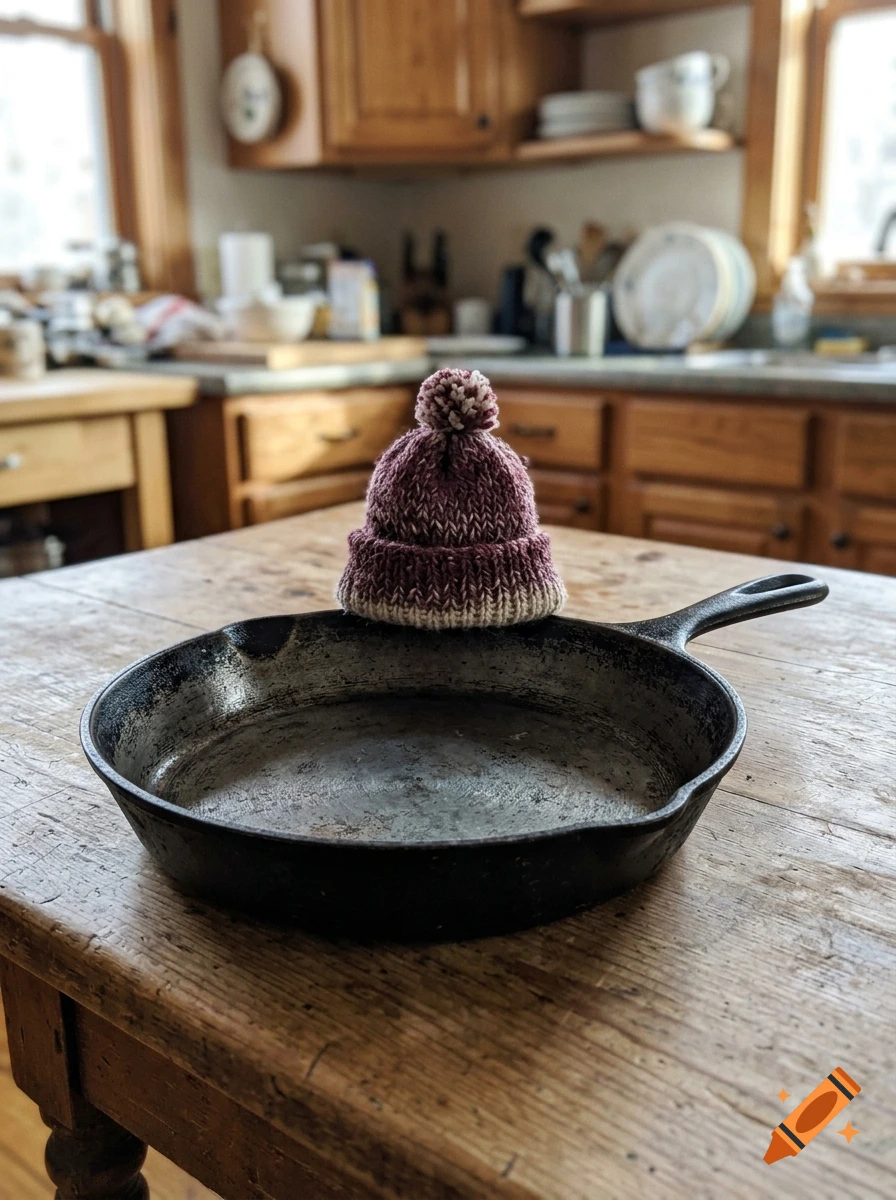 A tiny knitted purple and cream beanie hat with a pom-pom sits on the rim of a black cast-iron skillet, resting on a wooden kitchen table.