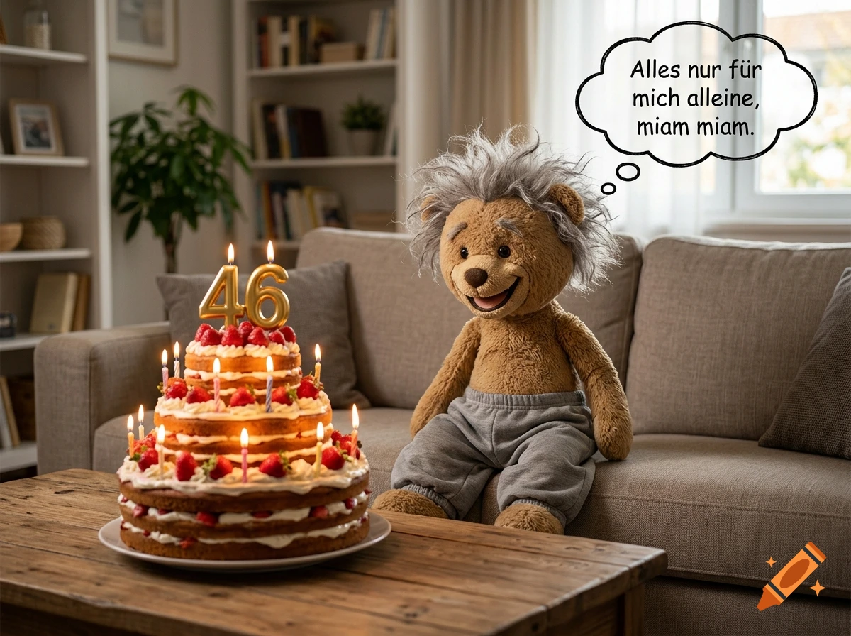 Photorealistic image of a thin teddy bear with Einstein hair sitting on a couch next to a multi-tiered strawberry birthday cake.