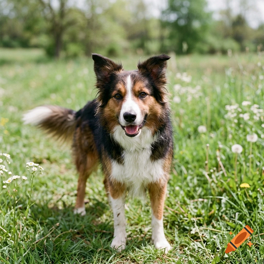 A tricolor Border Collie dog standing in a grassy field with white wildflowers, looking directly at the camera.