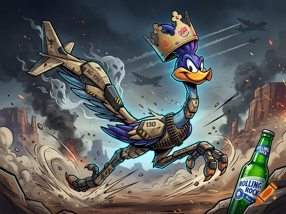 Digital illustration of a Looney Tunes road runner wearing a Burger King crown, integrated with AC-130 gunship elements, running through a desert next to a Rolling Rock bottle.