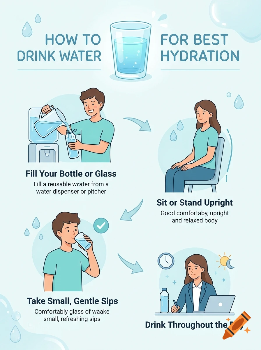 Digital illustration guide on how to drink water with steps and text.