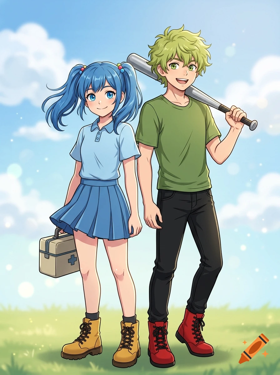 An anime-style illustration of a smiling young boy and girl standing together outdoors against a sky with clouds. The girl on the left has blue hair in pigtails, wearing a blue shirt and skirt, holding a medical box. The boy on the right has green hair, wearing a green t-shirt and dark pants, holding a baseball bat.