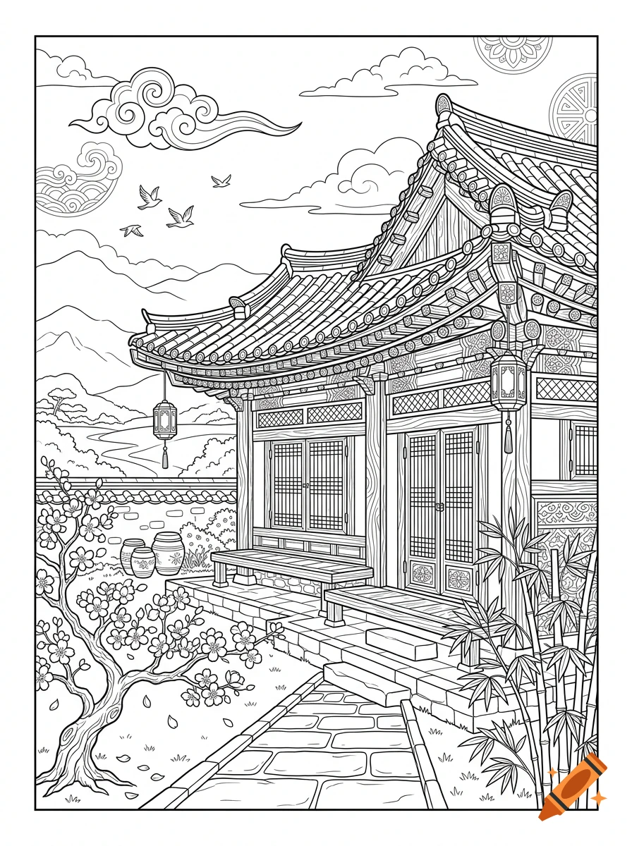 Detailed black and white line art coloring page depicting a traditional Korean building, mountains, clouds, and a cherry blossom tree.