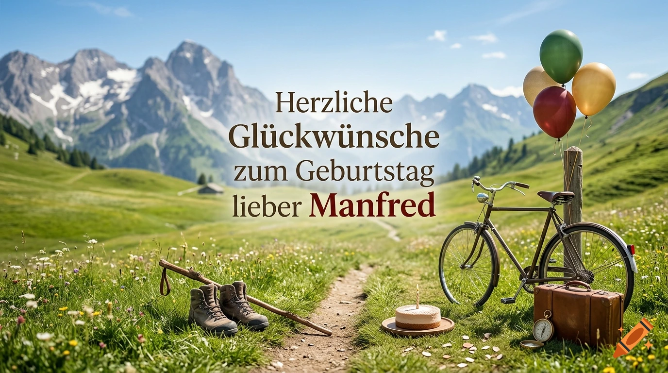 Birthday greeting card with Swiss Alps background, hiking boots, bicycle, and cake, with German text.
