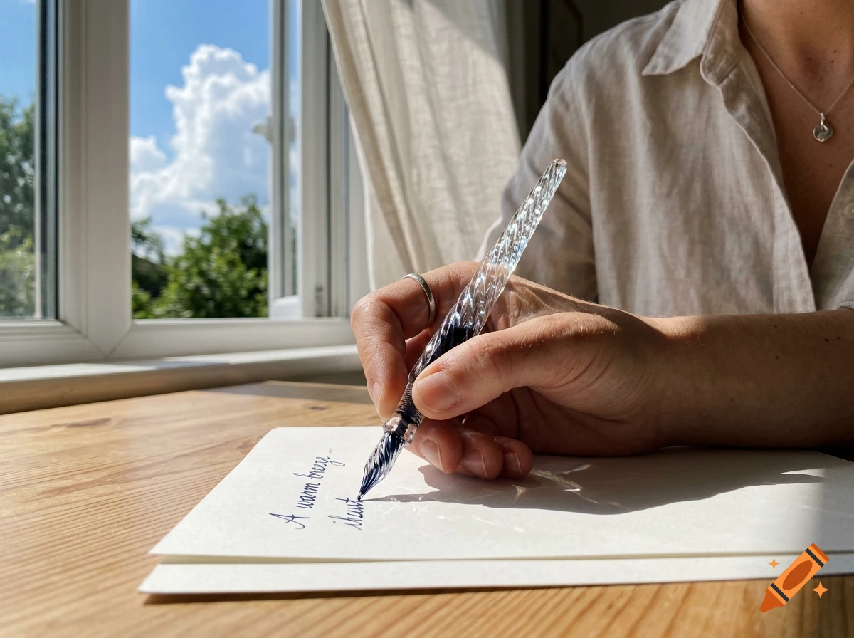 Close-up of a person writing on paper with a glass dip pen by a window.