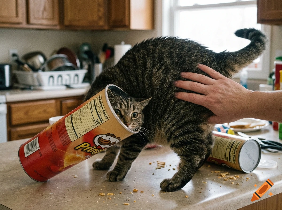 Photorealistic image of a tabby cat with its head stuck inside a Pringles can on a kitchen counter while a human hand rests on its back.