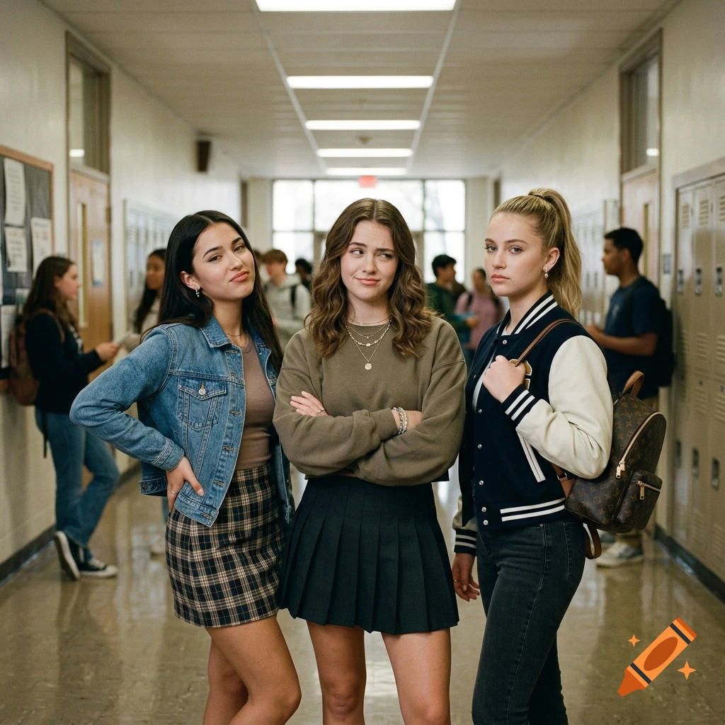 Three teenage girls standing in a high school hallway, dressed in casual school fashion.