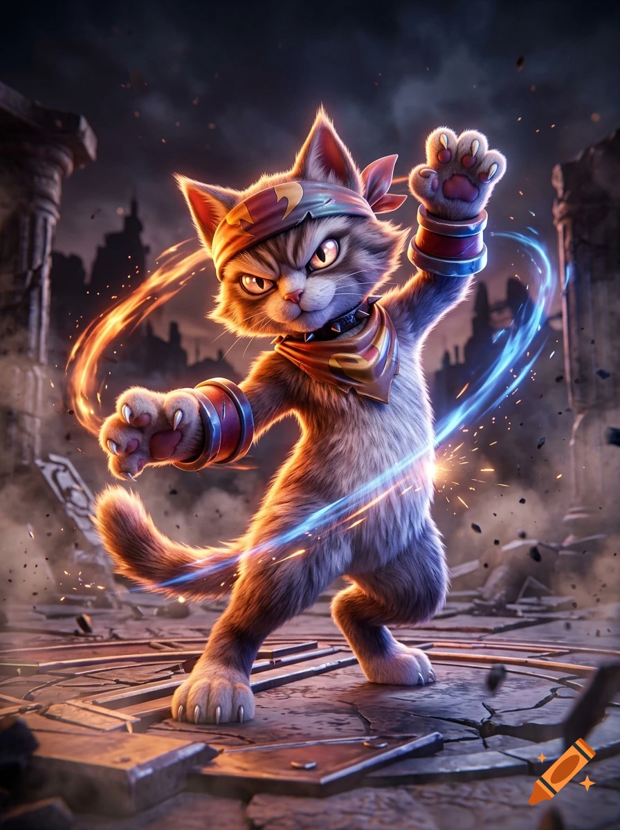 An anthropomorphic cat ninja in a dynamic fighting pose amidst ruins, digital render.