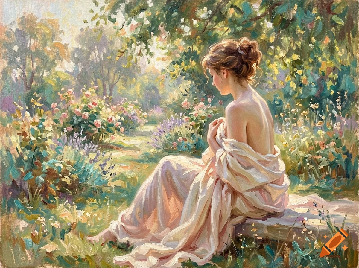 An oil painting of a woman seated in a sunlit garden, draped in flowing white fabric amidst lush flowers and trees.