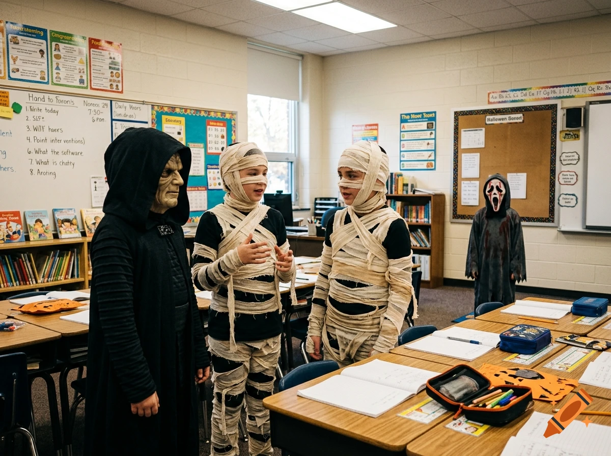 Four children in Halloween costumes standing in a school classroom, featuring Darth Sidious, mummies, and Bleeding Scream.