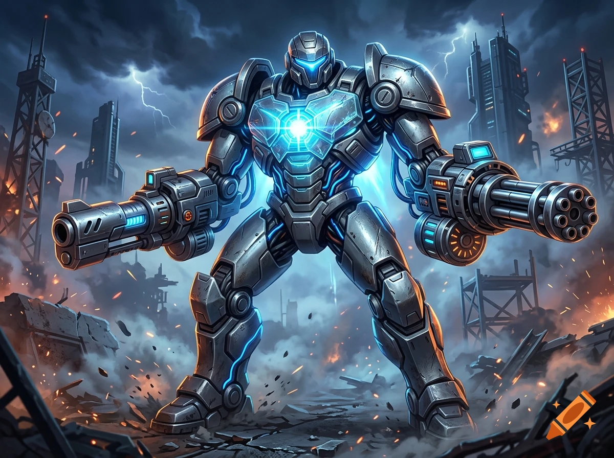 A powerful armored mecha with glowing blue core and dual miniguns standing in a war-torn futuristic city, digital art.