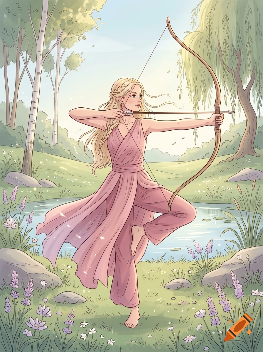 Illustration of a blonde woman in pink drawing a bow while balancing in a yoga pose by a peaceful lake.