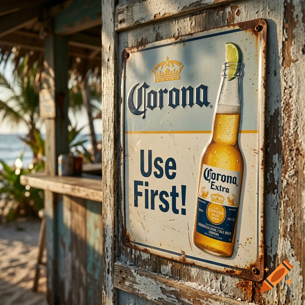 A weathered metal Corona beer sign reading 'Use First!' mounted on a rustic wooden post at a beach bar.