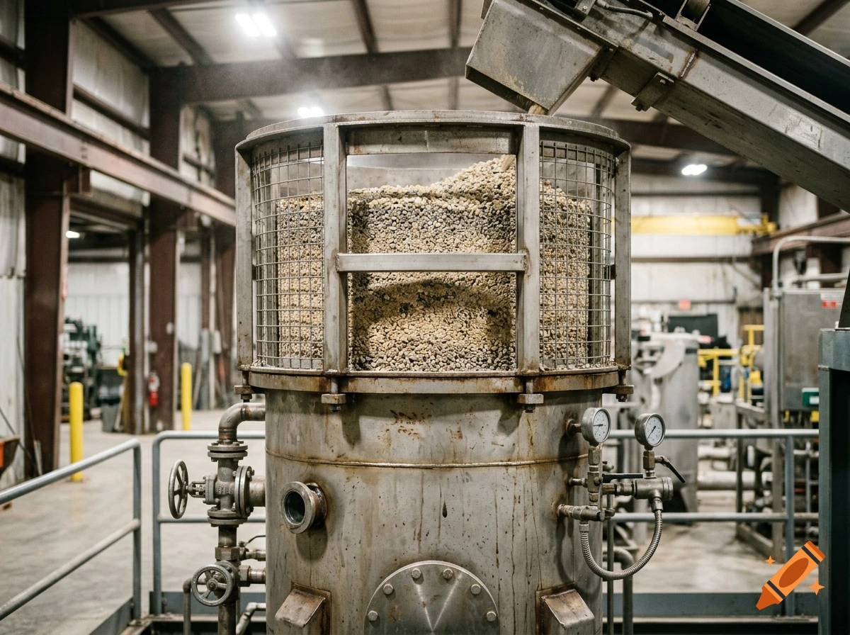Photorealistic image of a large industrial filtering tower with granulated zeolite in a factory.
