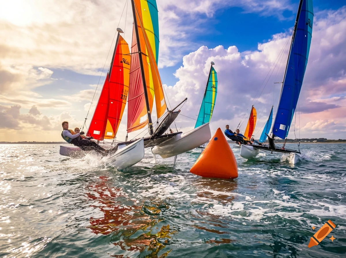 Colorful catamarans sailing on the water under a cloudy sky.